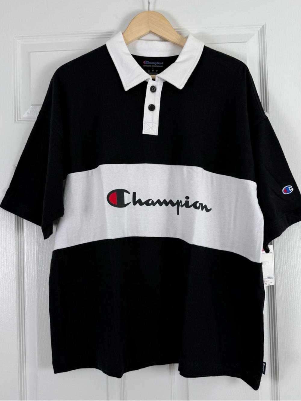 NEW Champion Black & White Rugby Polo Shirt Large